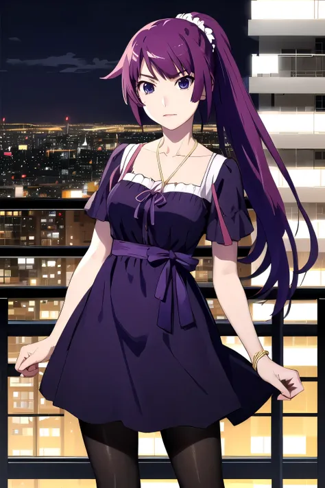 (masterpiece, Best Quality, details), (Perfect hand:1.4), 1girl, (Senjougahara Hitagi), long hair, ponytail, purple hair, ((purple eyes)), medium breasts, bungs, black dress, clavicle, dress, Of the purple blue ribbon, jewelry, ((black pantyhose)), black...