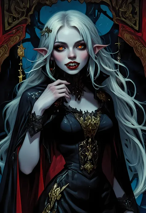 a full body picture of an epic beautiful female vampire, ghostly beauty, wearing transluminescent dress, black silk dress, intricate dress, transluminescent dress, transparent dress, red sleeves, epic beautiful female vampire, pale skin perfect body, gho...