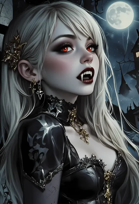 a full body picture of an epic beautiful female vampire, ghostly beauty, wearing transluminescent dress, black silk dress, intricate dress, transluminescent dress, transparent dress, red sleeves, epic beautiful female vampire, pale skin perfect body, gho...