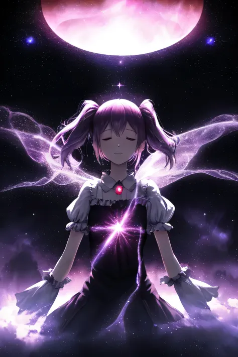 Sfumato style, madoka, cosmic silhouette of like a fantasy young girl with short twintails, ethereal atmosphere, deep space background, fantasy style,(ultra detailed, high resolution, 8k)