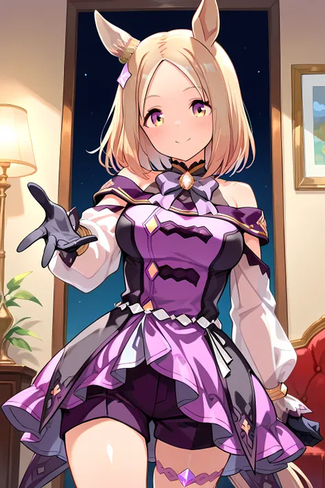 narita top road \(umamusume\),horse tail, short hair, animal ears, ear ornament, ear covers, single ear cover,purple dress, off-shoulder dress, purple bow, long sleeves, see-through sleeves, black gloves, purple shorts, thigh strap, bare shoulders,(((maste...