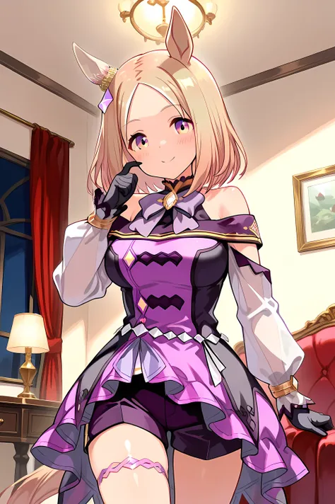 narita top road \(umamusume\),horse tail, short hair, animal ears, ear ornament, ear covers, single ear cover,purple dress, off-shoulder dress, purple bow, long sleeves, see-through sleeves, black gloves, purple shorts, thigh strap, bare shoulders,(((maste...