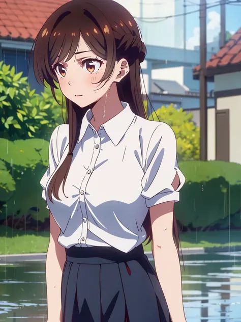 masterpiece, Best Quality, great quality,, ichinose chizuru, long hair, Bangs, brown hair, brown eyes, On the side of the seat, Big Breasts, mature woman, anime screenshot, navy blue mini skirt, shirt, Short sleeve, puff sleeve, puffy Short sleeve, 白いshirt...