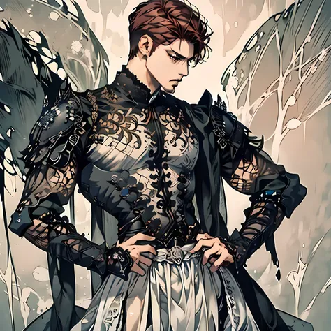 man, rough features, crimson hair, medium length hair,chops beard on the sides of his jaw. Royal armor on, black and yellow lace armor, slightly annoyed look, yellow eyes. Close up angle( from hips up)