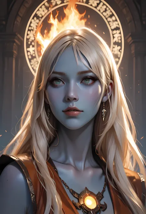 portrait a olo female ((blue skin: 1.5)), intense details facial details, exquisite beauty, cleric, (dark blue skin: 1.5)) female, ((yellow hair: 1.5)), long hair, (((no ears: 1.5))), (green eyes: 1.3), armed with a fiery sword red fire, wearing (twilight ...