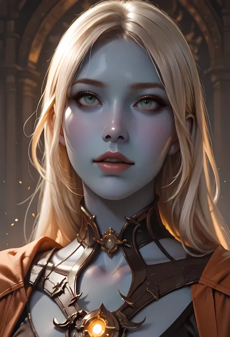 portrait a olo female ((blue skin: 1.5)), intense details facial details, exquisite beauty, cleric, (dark blue skin: 1.5)) female, ((yellow hair: 1.5)), long hair, (((no ears: 1.5))), (green eyes: 1.3), armed with a fiery sword red fire, wearing (twilight ...