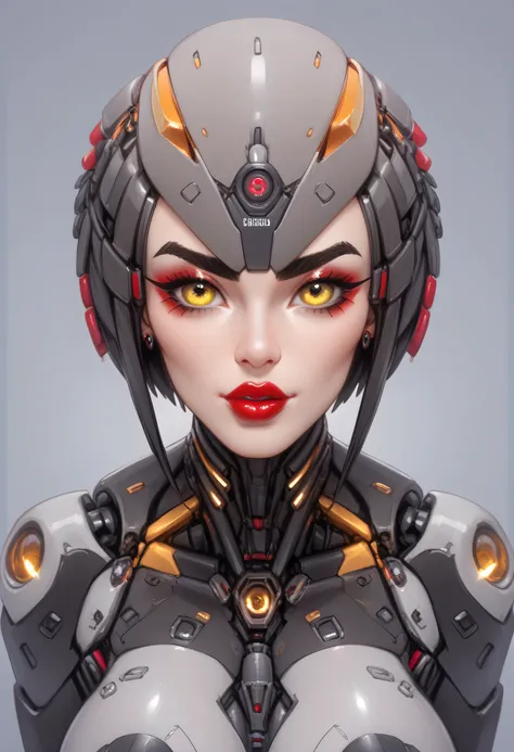 (Perfect Face), (Black Medium Hair), (Black Thick Eyebrows), (Big Bionic Yellow Eyes), (Red Thick Lipstick), (Female Robot), (Beautiful Woman), Looking At Viewer