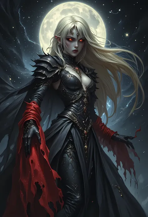  full body picture of an epic beautiful female vampire, ghostly beauty, wearing transluminescent dress, black silk dress, intricate dress, transluminescent dress, transparent dress, red sleeves, epic beautiful female vampire, pale skin perfect body, ghostl...