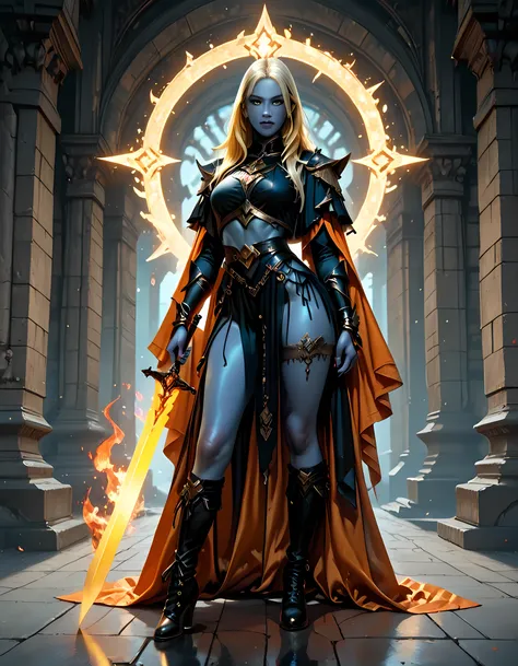 full body picture of olo female ((blue skin: 1.5)), intense details facial details, exquisite beauty, cleric, (dark blue skin: 1.5)) female, ((yellow hair: 1.5)), long hair, (((no ears: 1.5))), (green eyes: 1.3), armed with a fiery sword red fire, wearing ...