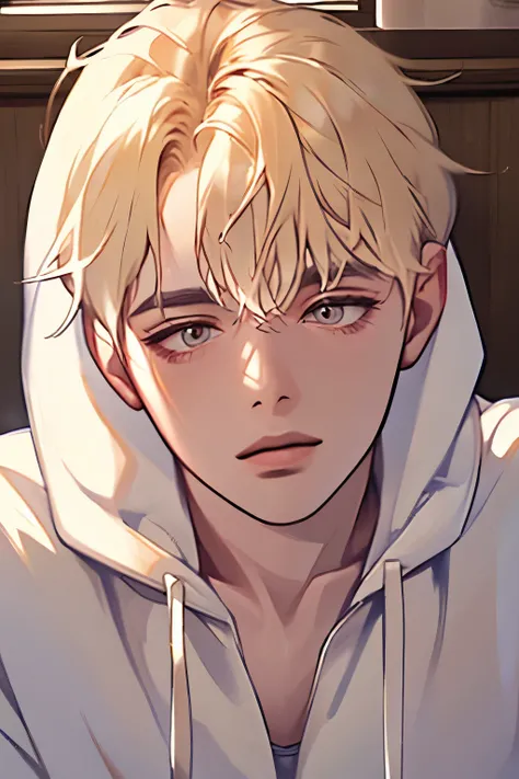cozy white hoodie, Comfortable posture, hair hidden inside the hood, casual indoor setting, soft lighting, Warm and comfortable atmosphere, close-up view, neutral tone.