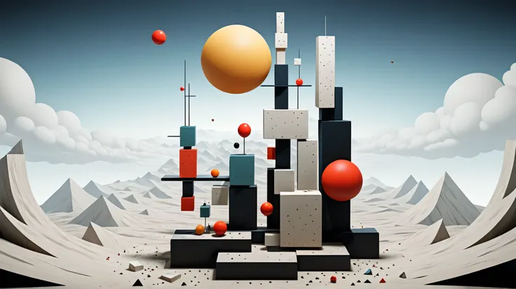 Stacked papercut art of in the style of kazimir malevich,kazimir malevich style,kazimir malevich art,kazimir malevich,a digital illustration of a space with a lot of objects, surreal 3 d render, abstract surrealism, abstract surrealism masterpiece, a surre...