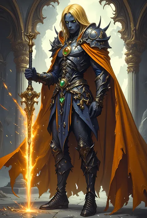 full body picture of olo female ((dark blue skin: 1.5)), intense details facial details, exquisite beauty, cleric, (dark blue skin: 1.5)) female, ((yellow hair: 1.5)), long hair, (((no ears: 1.5))), (green eyes: 1.3), armed with a fiery sword red fire, wea...