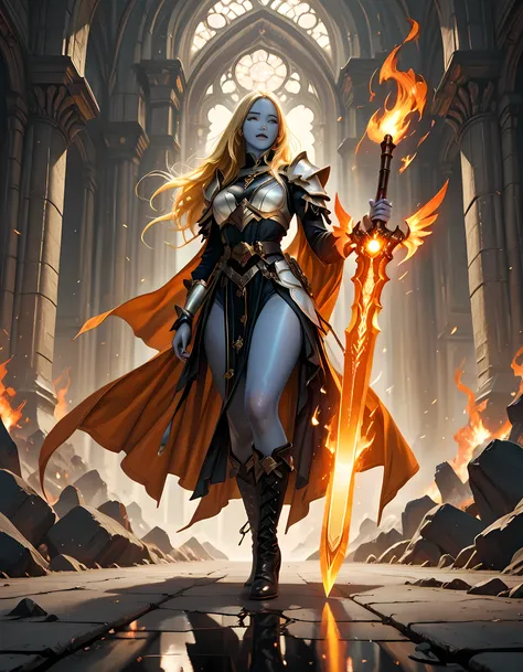 full body picture of olo female ((blue skin: 1.5)), intense details facial details, exquisite beauty, cleric, (dark blue skin: 1.5)) female, ((yellow hair: 1.5)), long hair, (((no ears: 1.5))), (green eyes: 1.3), armed with a fiery sword red fire, wearing ...