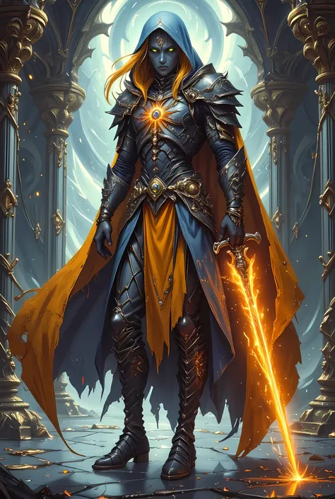 full body picture of olo female ((dark blue skin: 1.5)), intense details facial details, exquisite beauty, cleric, (dark blue skin: 1.5)) female, ((yellow hair: 1.5)), long hair, (((no ears: 1.5))), (green eyes: 1.3), armed with a fiery sword red fire, wea...