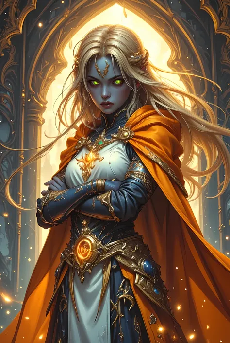full body picture of a female cleric ((dark blue skin: 1.5)), intense details facial details, exquisite beauty, cleric, (dark blue skin: 1.5)) female, ((yellow hair: 1.5)), long hair, (((no ears: 1.5))), (green eyes: 1.3), armed with a fiery sword red fire...