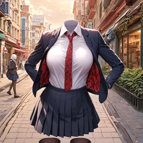 (invisible:1.5, no humans:1.5, headless:1.5, faceless:1.5), (School uniform, red check tie, in city:1.2), (big breast), (best quality, masterpiece:1.2), detailed cloth texture, detailed anime, illust, leaning forward