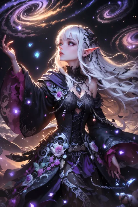(Ultra-detailed face, Looking Away, Gothic Illustration, Dark Tone Colors.) , BREAK
(View of a woman looking up from an angle. A female dark elf wizard stands with her body twisted on a very tall spire with the wind blowing against a background of many tw...