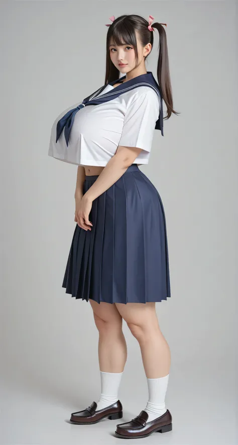 (((8k,Best Quality,best image quality,masterpiece))),Japanese girl, 18 years old,HYPER HUGE BIG BREAST,((( high school sailor uniform))), FULL BODY TO FEET ,((Student loafers)),(((white socks))),(((twin tails)))