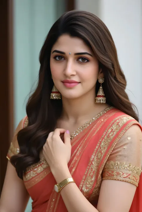 "A fair-skinned Indian woman in a silk saree, her blouse cut daringly low, showcasing her large, round breasts. She stands on a balcony, hands resting lightly on her pallu, ensuring all attention stays on her curves. Her earrings sparkle as she gives the c...