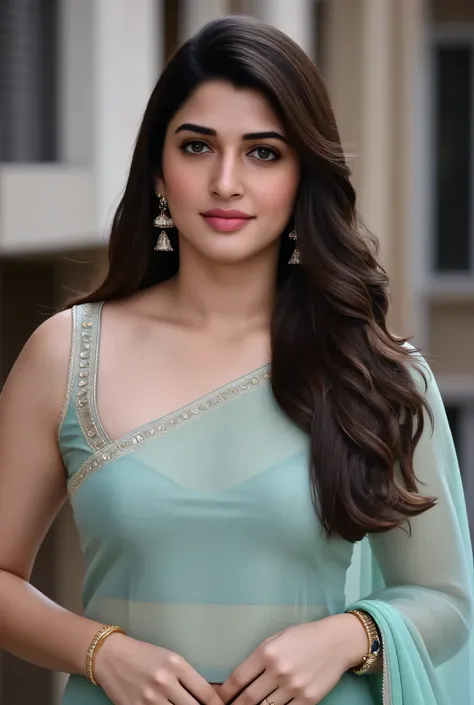 "A fair-skinned Indian woman in a silk saree, her blouse cut daringly low, showcasing her large, round breasts. She stands on a balcony, hands resting lightly on her pallu, ensuring all attention stays on her curves. Her earrings sparkle as she gives the c...