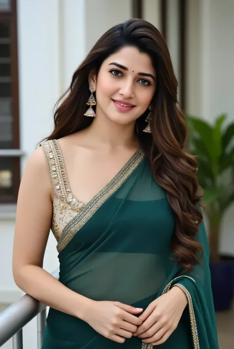 "A fair-skinned Indian woman in a silk saree, her blouse cut daringly low, showcasing her large, round breasts. She stands on a balcony, hands resting lightly on her pallu, ensuring all attention stays on her curves. Her earrings sparkle as she gives the c...