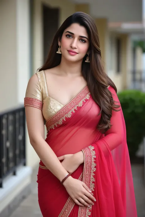 "A fair-skinned Indian woman in a silk saree, her blouse cut daringly low, showcasing her large, round breasts. She stands on a balcony, hands resting lightly on her pallu, ensuring all attention stays on her curves. Her earrings sparkle as she gives the c...