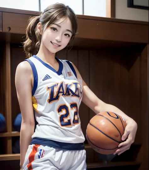(masterpiece、high definition、High quality dvd)、(( BASKETBALL PLAYER、 Athletes))、Japaneseの女性、age 18、perfect body、( BASKETBALL PLAYERユニホーム:1.2)、 low rise pants 、Beautiful Legs、captivating、Yuan々intention、smile、 beautiful hands 、( Gym、 ball throwi...