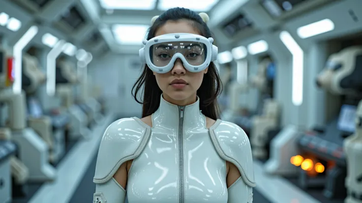 This is an ultra-realistic image—an actual Photograph. A Latina-American woman in a very Detailed White, Cyborg-Style, Mechanical, Cyberpunk Outfit and is wearing White Virtual Goggles with a Clear Glass Front Design. Standing in the of an ultra-detailed s...