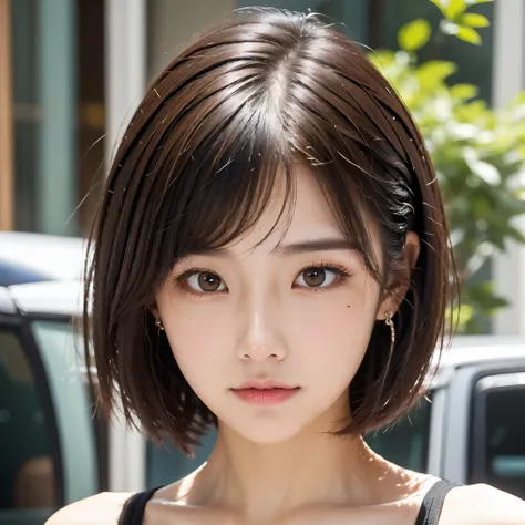 face focus, black hair, short hair, floating hair, mismatched pupils, mole under eye, crystal earrings, bored
