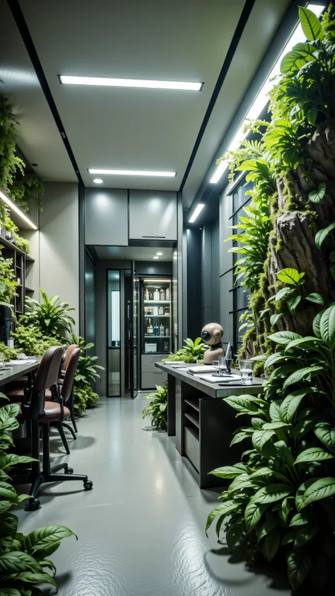 4K,8K,Studio Quality,make the environment blend with green biotanical plants, Inside robotic tech lab with humanoid AI, make the photo realistic, vibes color matched with atmosphere, Future Tech Lab Vibes,Full Furniture.