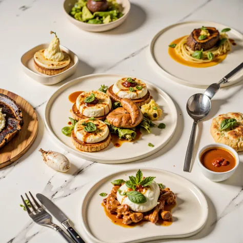 Make a photos of restaurant foods at the table, 4K, Studio Quality, Close Up, Detailed. Realistic.