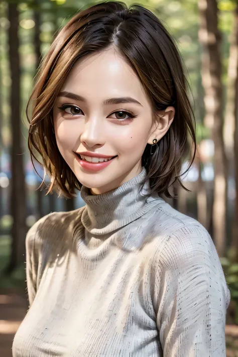 (8k, RAW photo, Best Quality, masterpiece, realistic, Photorealistic), ( female 1 person), (ultimate beauty), very detailed face, (Perfect Teeth), Beautiful Eyes, double eyelids, eyelashes, smile, lips, blonde bob, light shines on face, Big Breasts, ((tu...