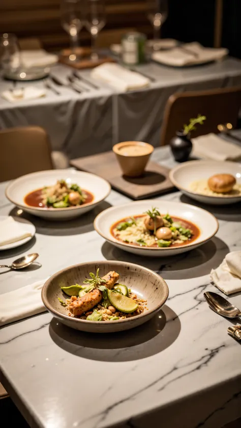 Make a photos of restaurant foods at the table, 4K, Studio Quality, Close Up, Detailed. Realistic.