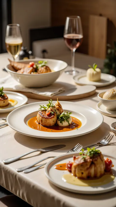 Make a photos of restaurant foods at the table, 4K, Studio Quality, Close Up, Detailed. Realistic.
