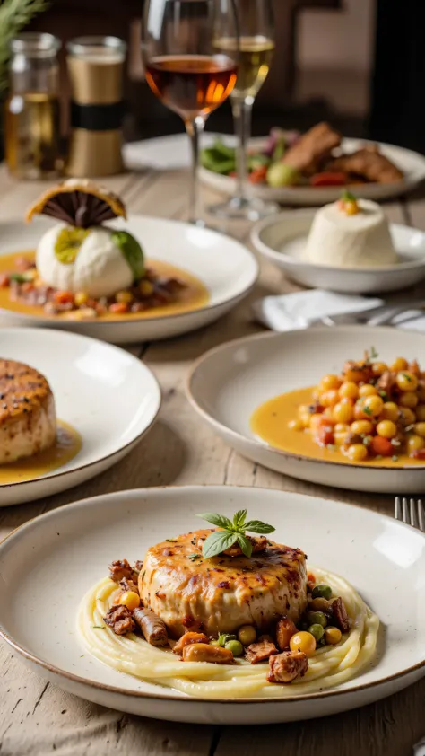 Make a photos of restaurant foods at the table, 4K, Studio Quality, Close Up, Detailed. Realistic.