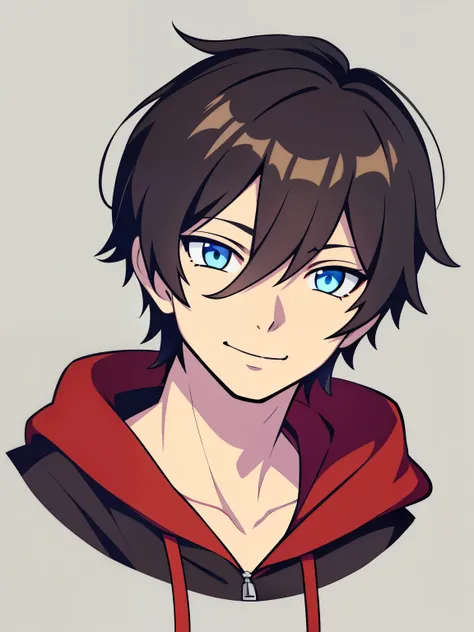 (high-quality, breathtaking),(expressive eyes, perfect face) portrait, 1boy, male, solo, young , black hair, red eye color, short hair length, soft wavy hair, cute smile, loose hair, side bangs, looking at viewer, portrait, medium full shot, happy expressi...