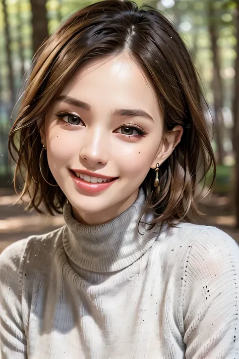 (8k, RAW photo, Best Quality, masterpiece, realistic, Photorealistic), ( female 1 person), (ultimate beauty), very detailed face, (Perfect Teeth), Beautiful Eyes, double eyelids, eyelashes, smile, lips, blonde bob, light shines on face, Big Breasts, ((tu...