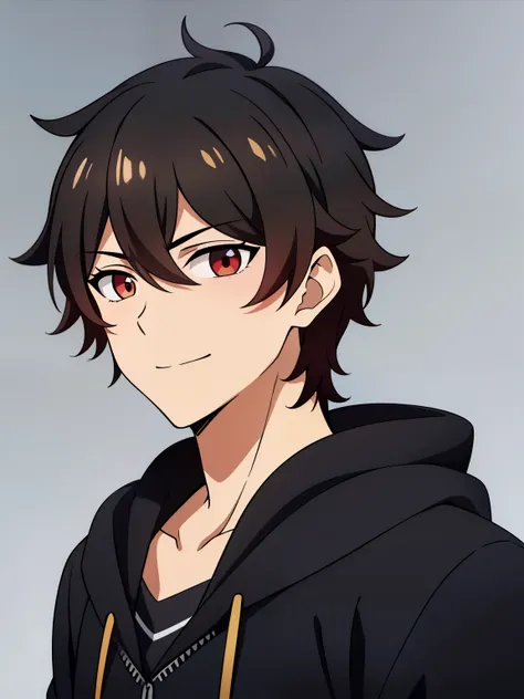 (high-quality, breathtaking),(expressive eyes, perfect face) portrait, 1boy, male, solo, young , black hair, red eye color, short hair length, soft wavy hair, cute smile, loose hair, side bangs, looking at viewer, portrait, medium full shot, happy expressi...