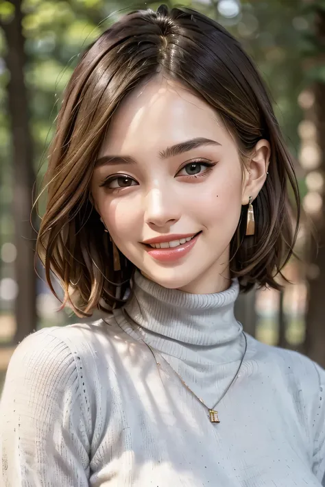 (8k, RAW photo, Best Quality, masterpiece, realistic, Photorealistic), ( female 1 person), (ultimate beauty), very detailed face, (Perfect Teeth), Beautiful Eyes, double eyelids, eyelashes, smile, lips, blonde bob, light shines on face, Big Breasts, ((tu...