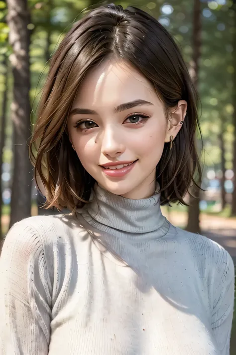 (8k, RAW photo, Best Quality, masterpiece, realistic, Photorealistic), ( female 1 person), (ultimate beauty), very detailed face, (Perfect Teeth), Beautiful Eyes, double eyelids, eyelashes, smile, lips, blonde bob, light shines on face, Big Breasts, ((tu...