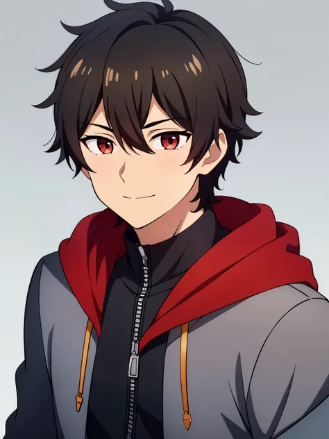 (high-quality, breathtaking),(expressive eyes, perfect face) portrait, 1boy, male, solo, young , black hair, red eye color, short hair length, soft wavy hair, cute smile, loose hair, side bangs, looking at viewer, portrait, medium full shot, happy expressi...