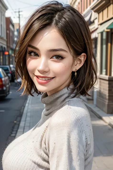 (8k, RAW photo, Best Quality, masterpiece, realistic, Photorealistic), ( female 1 person), (ultimate beauty), very detailed face, (Perfect Teeth), Beautiful Eyes, double eyelids, eyelashes, smile, lips, blonde bob, light shines on face, Big Breasts, ((tu...