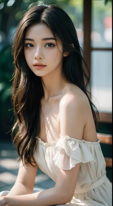 film portrait photography, 1girl, bare shoulders, wavy shoulder-length hair, serene, calm, (realistic detailed eyes, natural skin texture, realistic face details), soft dramatic lighting, depth of field, bokeh, vibrant details, finely detailed, hyperrealis...