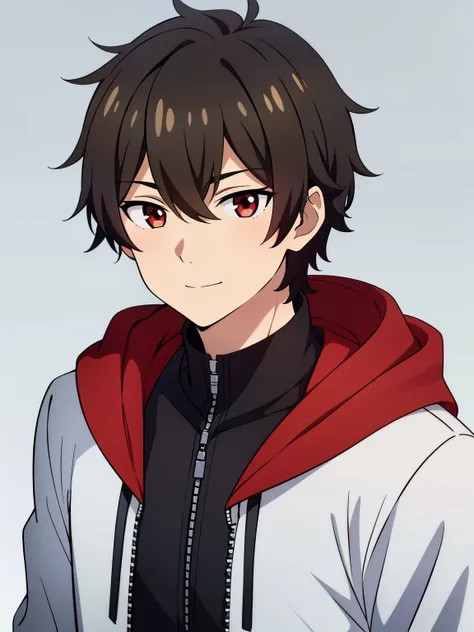 (high-quality, breathtaking),(expressive eyes, perfect face) portrait, 1boy, male, solo, young , black hair, red eye color, short hair length, soft wavy hair, cute smile, loose hair, side bangs, looking at viewer, portrait, medium full shot, happy expressi...