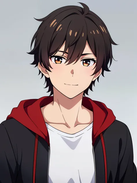 (high-quality, breathtaking),(expressive eyes, perfect face) portrait, 1boy, male, solo, young , black hair, red eye color, short hair length, soft wavy hair, cute smile, loose hair, side bangs, looking at viewer, portrait, medium full shot, happy expressi...