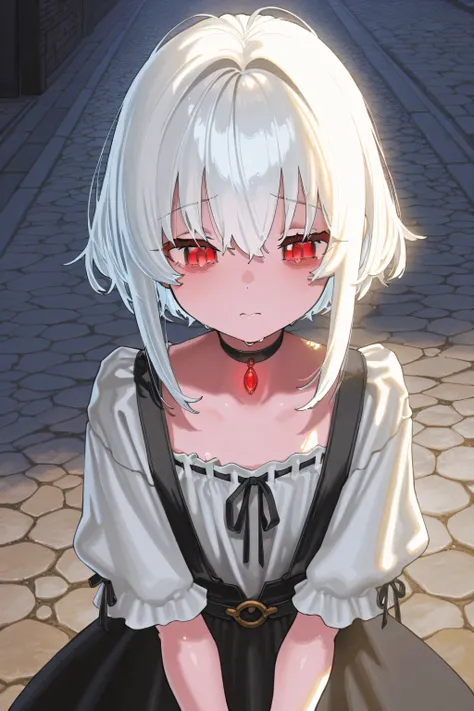 kmj-anonstyle, [artist:yoneyama mai], [artist:kanzarin], [artist: ekrea_jan], masterpiece,best quality,amazing quality, 748cmstyle, eye focus, solo, white hair, red eyes, choker, tattered clothes, cobblestone street, solo, sad expression, beautiful face, s...