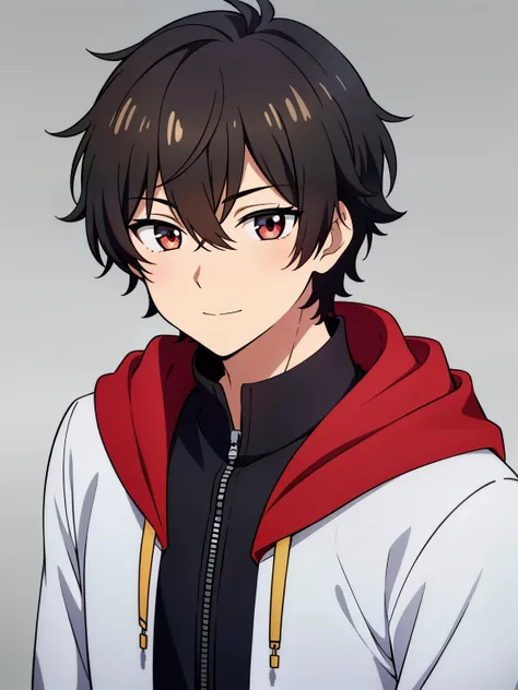 (high-quality, breathtaking),(expressive eyes, perfect face) portrait, 1boy, male, solo, young , black hair, red eye color, short hair length, soft wavy hair, cute smile, loose hair, side bangs, looking at viewer, portrait, medium full shot, happy expressi...