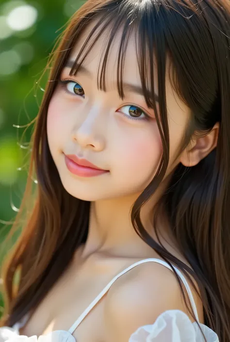 masterpiece , high quality, Super Details, super high image quality, 8k,16k,32K, 最high quality , Detailed Faces, Fine brown eyes, beautiful god dead face ,18 year old girl,cute face, bungs, straight hair ,bungs ,Half Smile , Outdoors,viewer