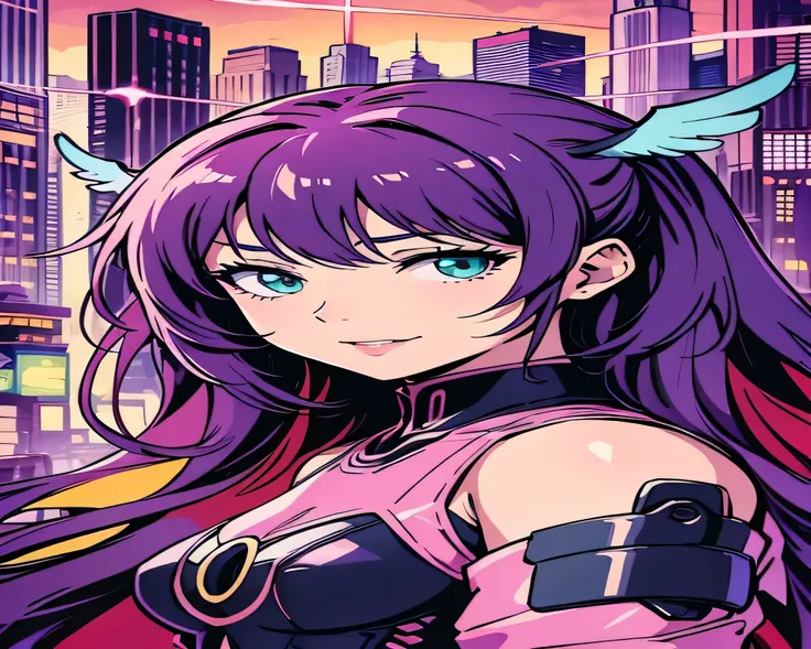 A masterpiece of manga stylization(1)...「Lonely portrait of a winged angel girl」。Surrounded by vibrant colors、The cityscape is the background。Angel Girl is dressed in cyberpunk streetwear with neon accents.、Red and green eyes sparkling、Cute pink lips are h...