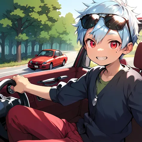 (score_9, score_8_up), (perfect face), (detailed face:1.3), (detailed eyes:1.3), (shiny eyes), (masterpiece eyes), (cute face:1.2), (1 boy), (shota:1.5), (driving:1.3), (sitting driver's seat), BREAK (dark blue open car:1.5), (stylish sunglasses on head),...